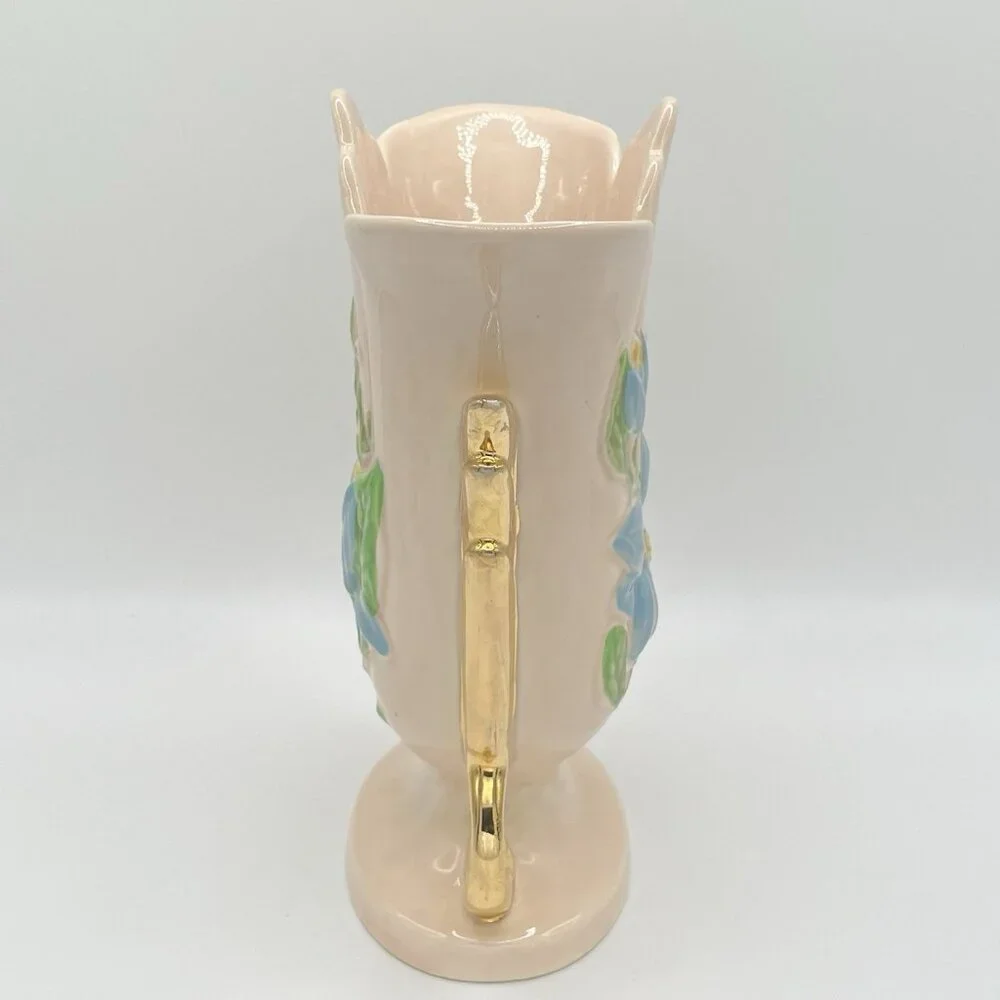 Vintage Hull Pottery Vase USA Art Baby Pink Gold Handles Blue Floral Mid Century